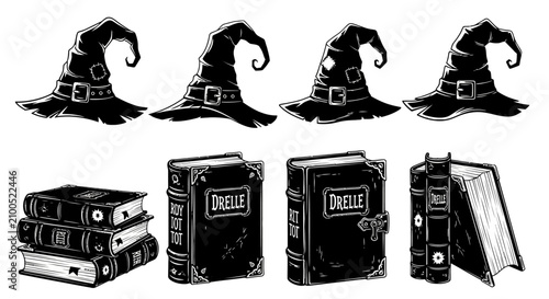 Canvas Print Vintage witch hats and magic spell books vector set, black and white wizard alch