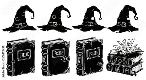 Картината върху платно Vintage witch hats and magic spell books vector set, mystical black and white wi