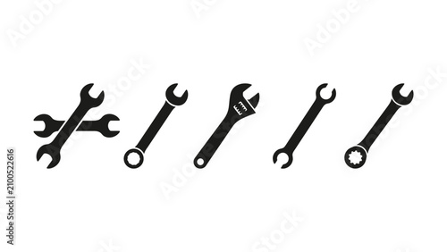 Five black wrenches on a transparent background for repair and maintenance concepts
