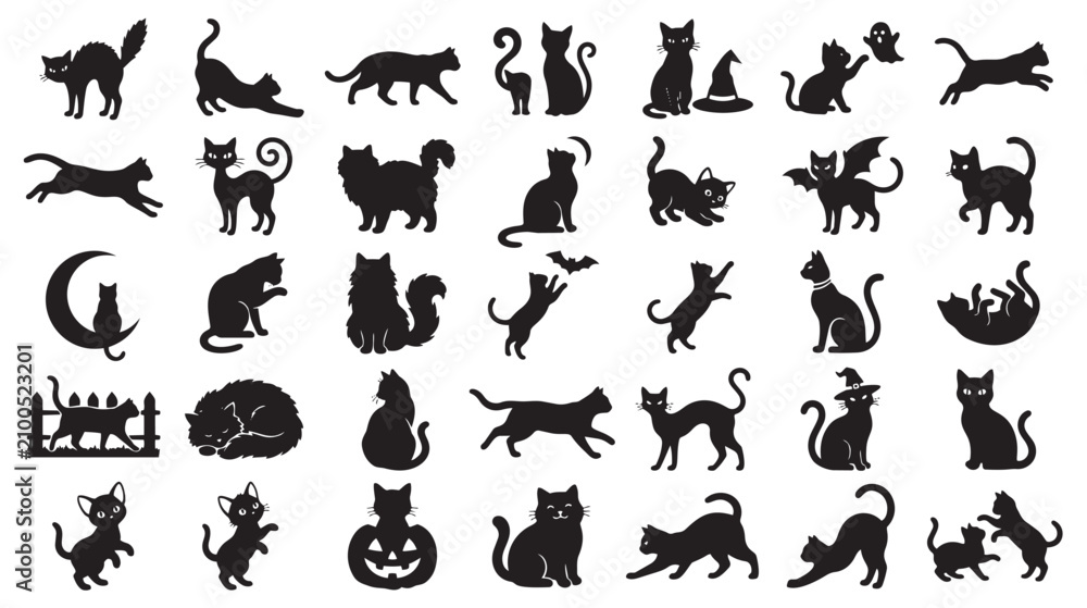 Fototapeta premium Halloween Black Cat Silhouette Vector Icon Set Spooky Feline Collection Editable Stroke
