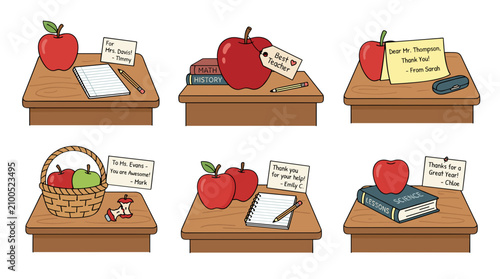 Collection of apples on desks with notes books and writing supplies in various arrangements