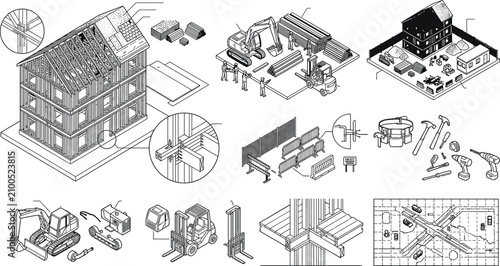 Schilderij op canvas House Framing and Residential Construction Isometric Line Art Vector Sketches Ic