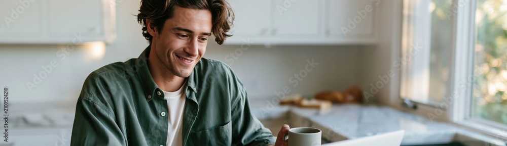 Obraz premium Smiling man working on a laptop at a bright kitchen table background for remote work banner and home office productivity design