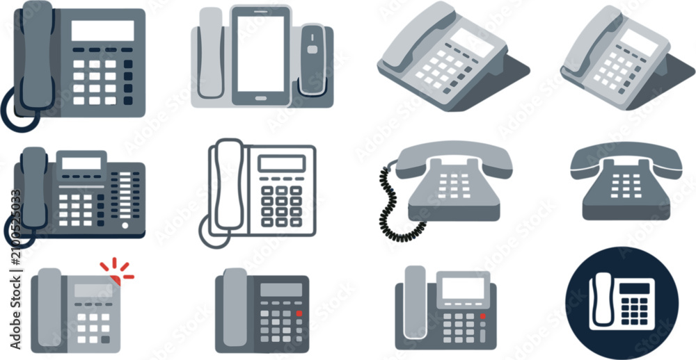 Fototapeta premium Office desk phone icon vector illustration set featuring landline telephones digital screens isometric angles and line art designs