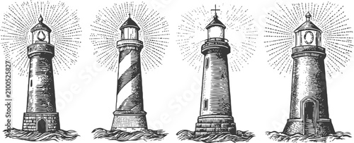 vintage lighthouse illustrations hand drawn nautical beacon coastal tower sketches