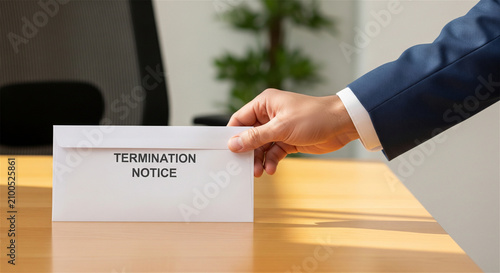 Termination notice letter handed over by employer, business manager firing employee with layoff envelope on office desk