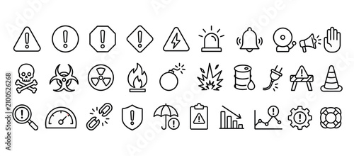 Collection of black and white warning and safety icons.