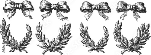 Hand drawn laurel wreath and bow vintage set decorative floral ribbon and foliage elements illustration