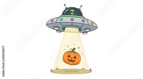 Cute cartoon alien spaceship abducting a smiling pumpkin for halloween celebration