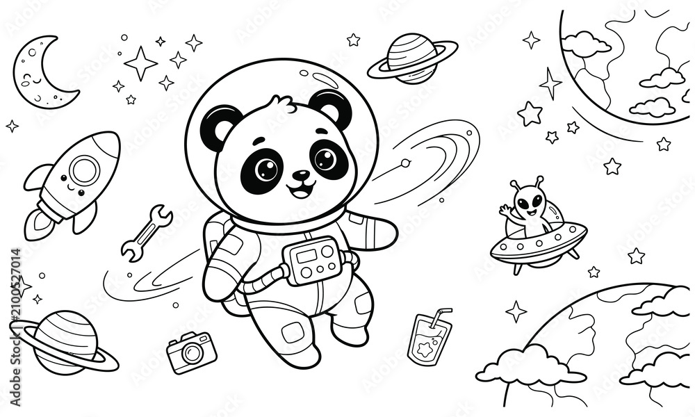 Fototapeta premium Panda astronaut coloring page space adventure with planets rockets and alien fun for kids