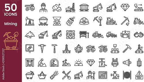 Bild auf Leinwand Fifty mining and resource extraction thin line icons set for engineering worker