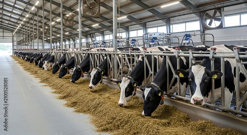 A large indoor dairy farm with cows eating hay