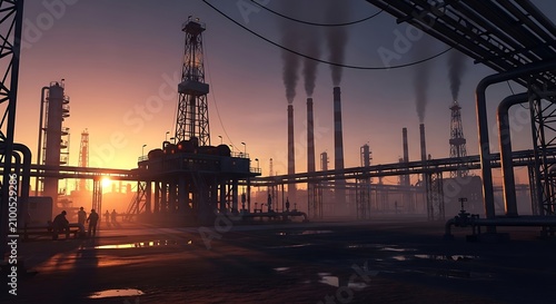 A large industrial complex at sunset with smokestacks and pipelines