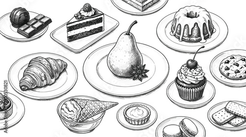 Fotografía Hand drawn vintage sketch vector background with assorted desserts bakery sweets