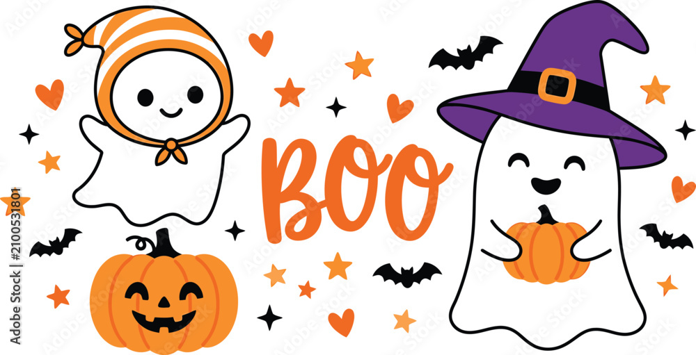 Fototapeta premium Charming halloween vector ghost illustration with bow bats and flowers spooky fall design