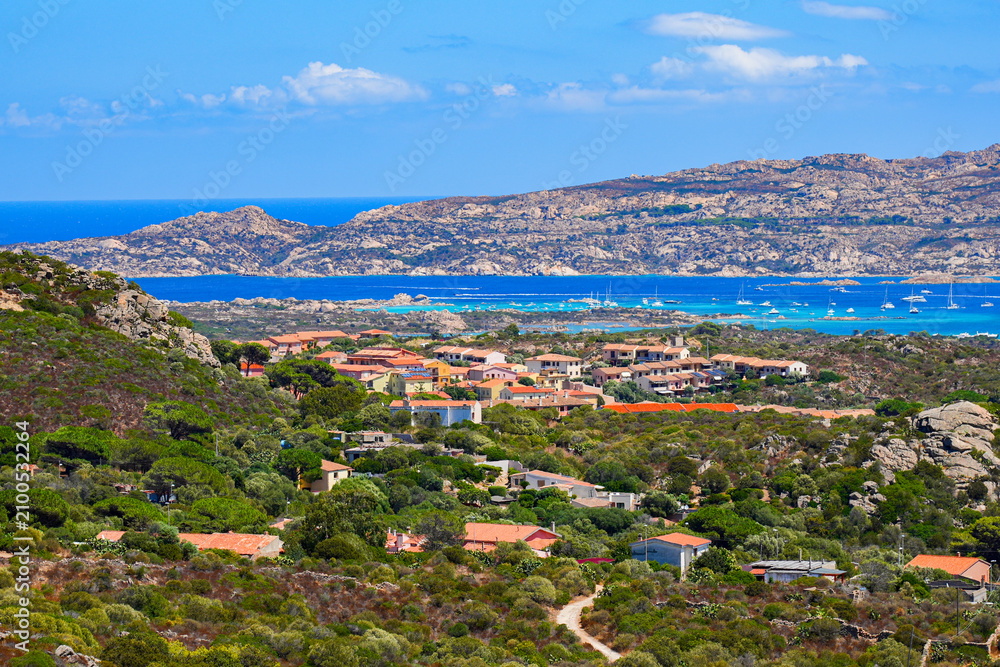 Fototapeta premium Aerial view of La Maddalena, capital city of the eponym archipelago located in the Mediterranean Sea in Sardinia, Italy