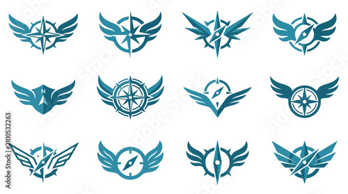 Obraz na plátně Corporate Modern Minimalist Blue Winged Compass and Navigation Symbol Logos for