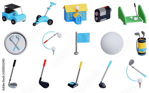 Vibrant 3D golf equipment collection, a comprehensive set of modern golfing accessories, blue and yellow sports gear