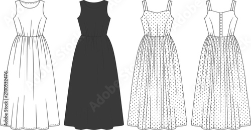 Quadro su tela Fashion technical sketch set of sleeveless maxi dresses featuring round neck and sweetheart neckline styles with polka dot patterns for apparel design templates