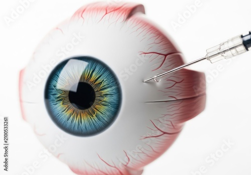 Macro view of a medical needle administering an intravitreal injection into a realistic anatomical eye model for advanced ophthalmic treatment, diagnostic, equipment, iris