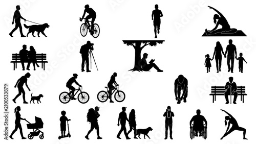 Architectural People Silhouette Vector Collection with Families Cyclists Joggers and Park Lifestyle