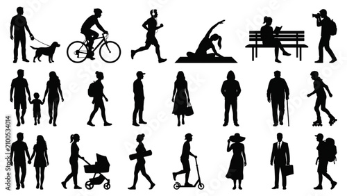 Architectural People Silhouette Vector Collection with Cyclists Families Yoga and Urban Lifestyle