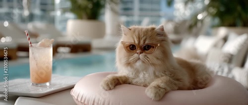 Persian cat relaxes by the poolside with sunglasses and a drink during a sunny afternoon