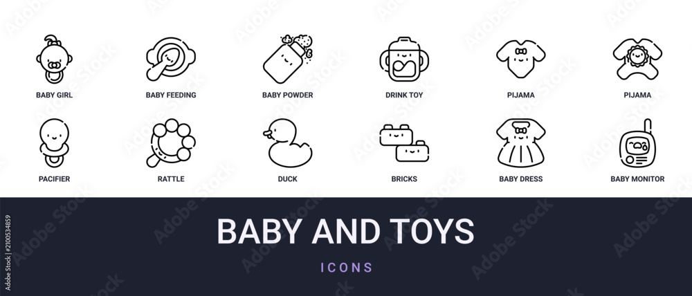 Fototapeta premium Set of 12 outline web Baby and Toys icons such as baby monitor, baby dress, bricks, duck, rattle, pacifier, pijama vector icons for report, presentation, diagram, web design, mobile app