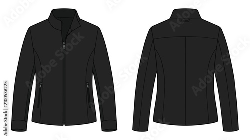 Blank Black Sporty Zip Up Jacket Technical Drawing Front and Back View for Apparel Mockup and Design