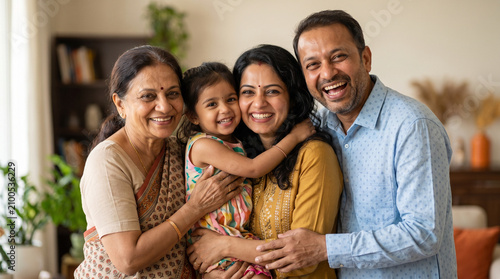 Happy Multi Generational Indian Family Hugging and Laughing Together at Home