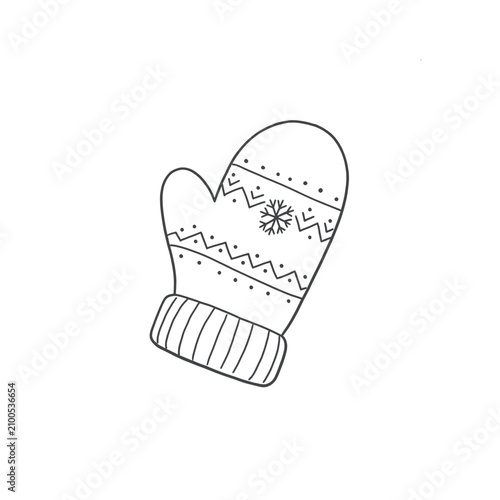 Hand Drawn Winter Glove With Snowflake Pattern on White Background