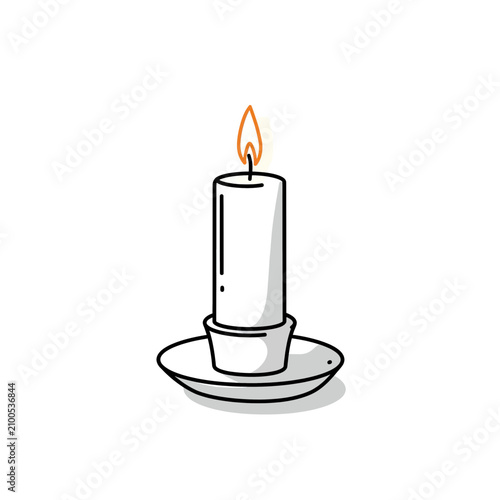 White Candle With Orange Flame on White Saucer