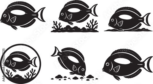 Obraz na płótnie Blue Tang Silhouette Icon Set Black Marine Surgeonfish Vector Collection Isolate