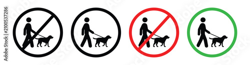 Dog Walking Allowed and Prohibited Sign Icon Set - Pet Friendly, No Dogs, Leash Rule Symbols, Flat and Outline Vector Collection