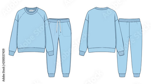 Light Blue Tracksuit Set Mockup with Sweatshirt and Joggers Front and Back View for Fashion Design Template Technical Dr