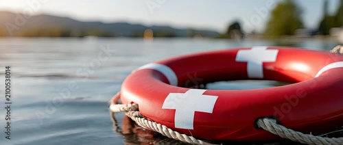 Lifesaver floating in clear water during afternoon in a lake with mountains in the background