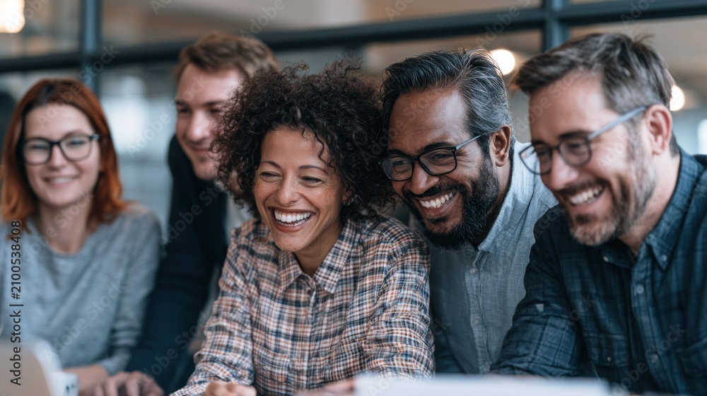 Obraz premium A diverse group of people, including a woman with curly hair and a man with a beard, are gathered around a laptop in a modern office setting, smiling and laughing together.
