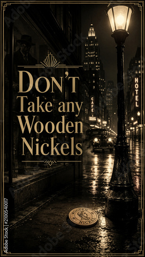 Don't Take Any Wooden Nickels Vintage Noir City Street Scene Poster