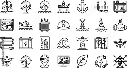Blue economy line icons vector set with offshore wind energy marine technology ocean sustainability and maritime engineering signs isolated on white background