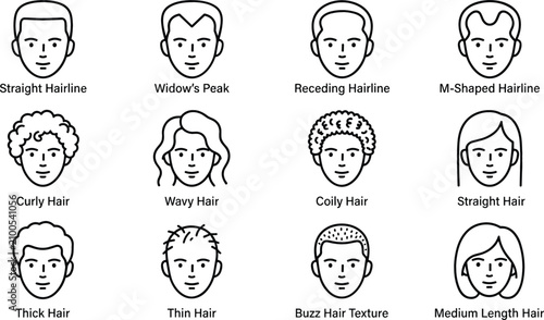 Fotografía Male and Female Hairlines Types and Hair Texture Icon Set Illustrating Receding