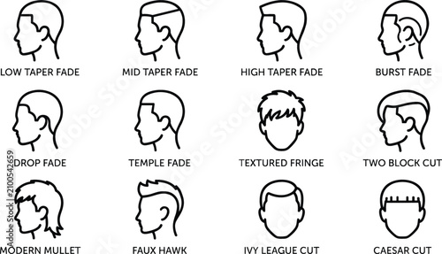 Fotografía Men Haircut Styles and Fade Guide Icon Set Featuring Taper Fade Burst Fade Mulle
