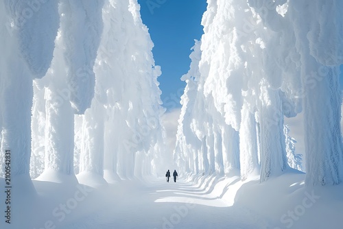 Two people walking on a snowy path between tall trees covered in heavy snow under a bright blue sky winter