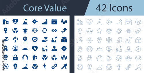 Core value flat, outline vector icon set featuring teamwork, ethics, leadership, growth, trust, and responsibility for corporate web UI design.