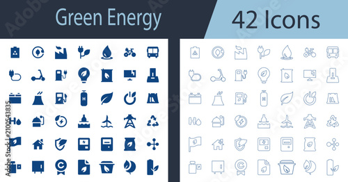 Green energy flat, outline vector icon set featuring solar inverter, battery recycling, charging station, eco house, and wind turbine for web UI design.