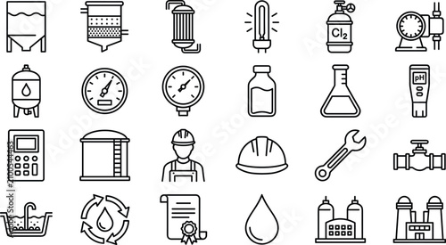 Water treatment plant vector icon set with industrial purification utility and filtration line art elements isolated on white background