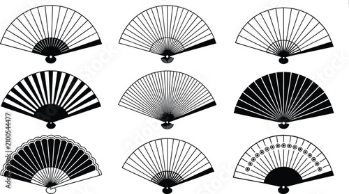Traditional hand folding fan black silhouette icon set showing different decorative patterns ribs and oriental fashion accessories