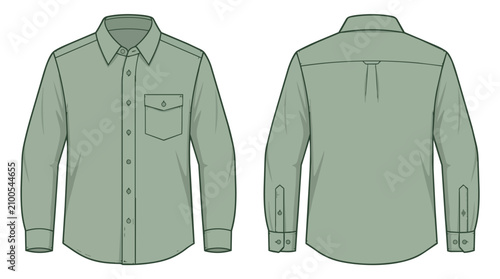Olive Green Men Long Sleeve Button Down Shirt Technical Drawing Mockup Featuring Front and Back Views