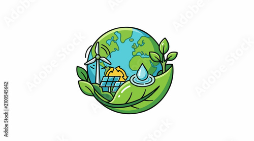 Earth cradled by leaves with renewable energy symbols and water drop