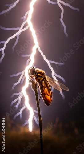A large insect perches on a thin stem as lightning illuminates the dark background