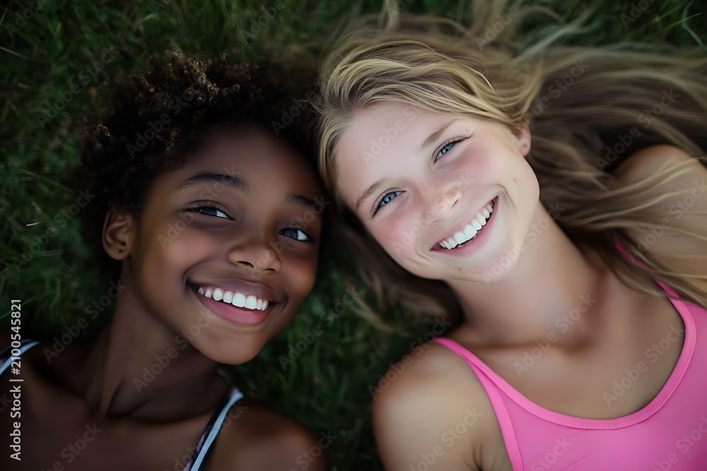 Fototapeta premium Two young women with different ethnicities lying on green grass looking up at the camera and smiling brightly